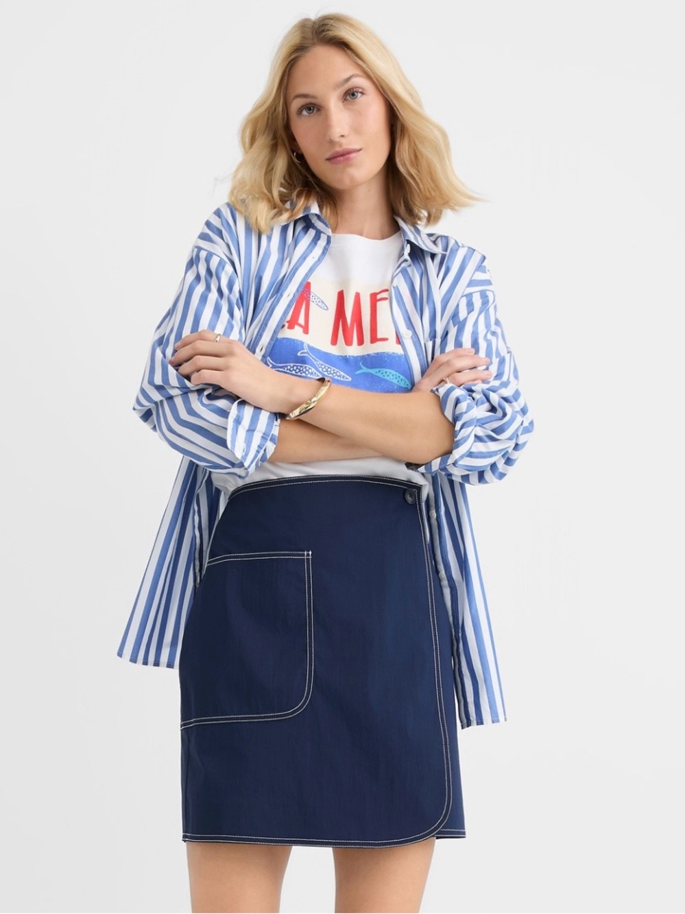 LOFT Navy Wrap Skirt with White Contrast Stitching